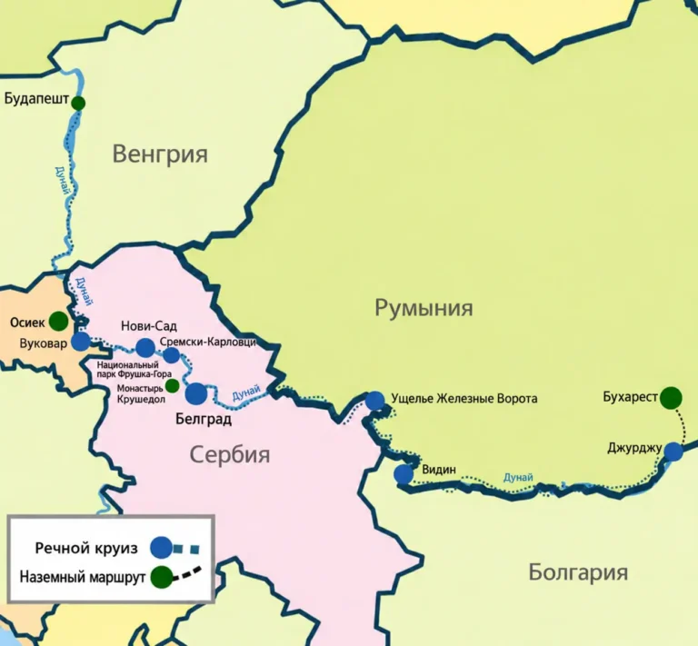 Карта маршрута речного круиза по Дунаю: Будапешт, Хорватия, Сербия, Железные ворота, Видин и Бухарест